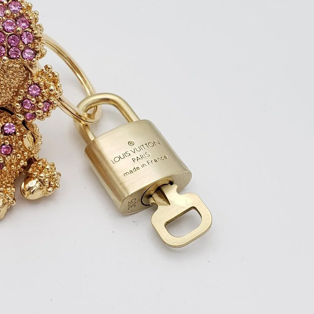 Authentic Louis Vuitton Gold Padlock & Key w/Unbranded Rhinestone Dog Keychain - Picture 5 of 8
